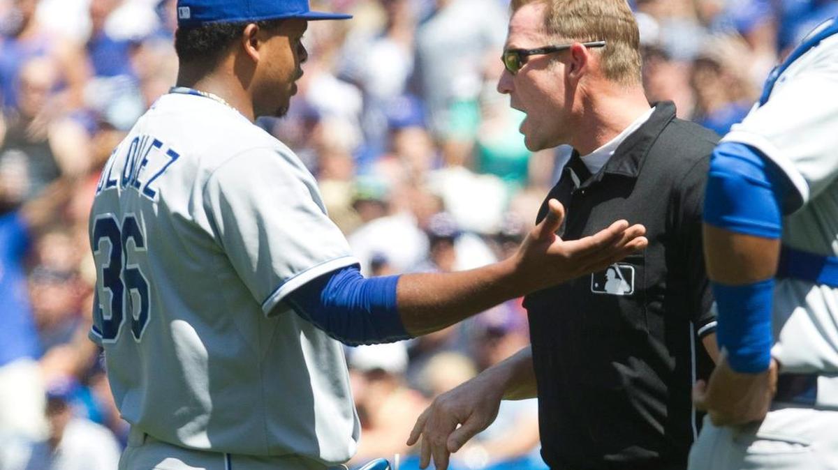 
 Royals starting pitcher Edinson Volquez is given a warning by home plate umpire Jim Wolf after brushing the Blue Jays' Josh Donaldson back with a pitch during the third inning of Sunday’s baseball game in Toronto.
