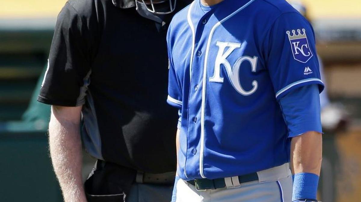 The Royals’ Alex Gordon argued with home-plate umpire Quinn Wolcott after being called out on strikes in the ninth inning against the Athletics on Sunday in Oakland, Calif. The A’s rallied with runs in the seventh and eighth innings to beat the Royals 3-2 and win the three-game series two games to one.
