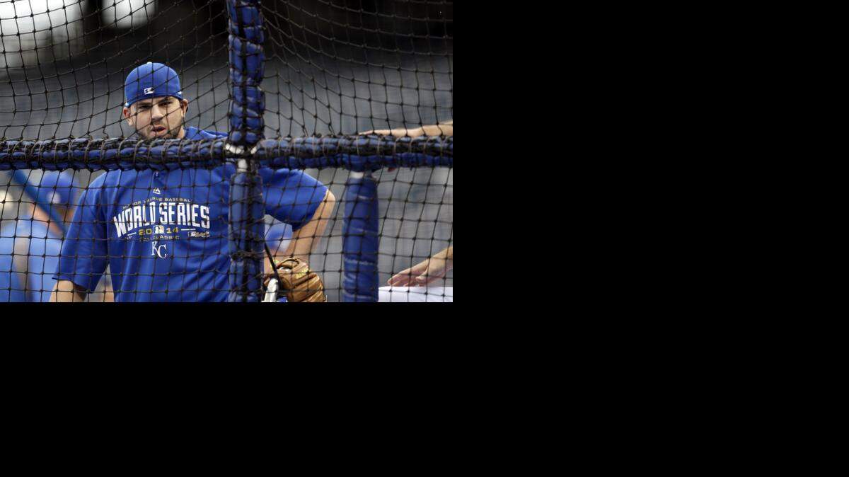 
Kansas City Royals' Mike Moustakas prepares to take batting practice during a brief workout Monday, Oct. 27, 2014, in Kansas City, Mo. The Royals and San Francisco Giants are scheduled to play Game 6 of baseball's World Series on Tuesday. 
