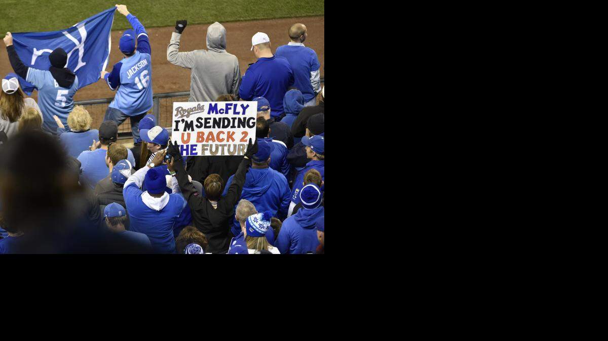
Sandee Schneider holds up her Back to the Future sign to support the Kansas City Royals against the Baltimore Orioles Tuesday at ALCS playoff baseball game on October 13, 2014 at Kauffman Stadium in Kansas City, MO. The Royals won 2-1.

