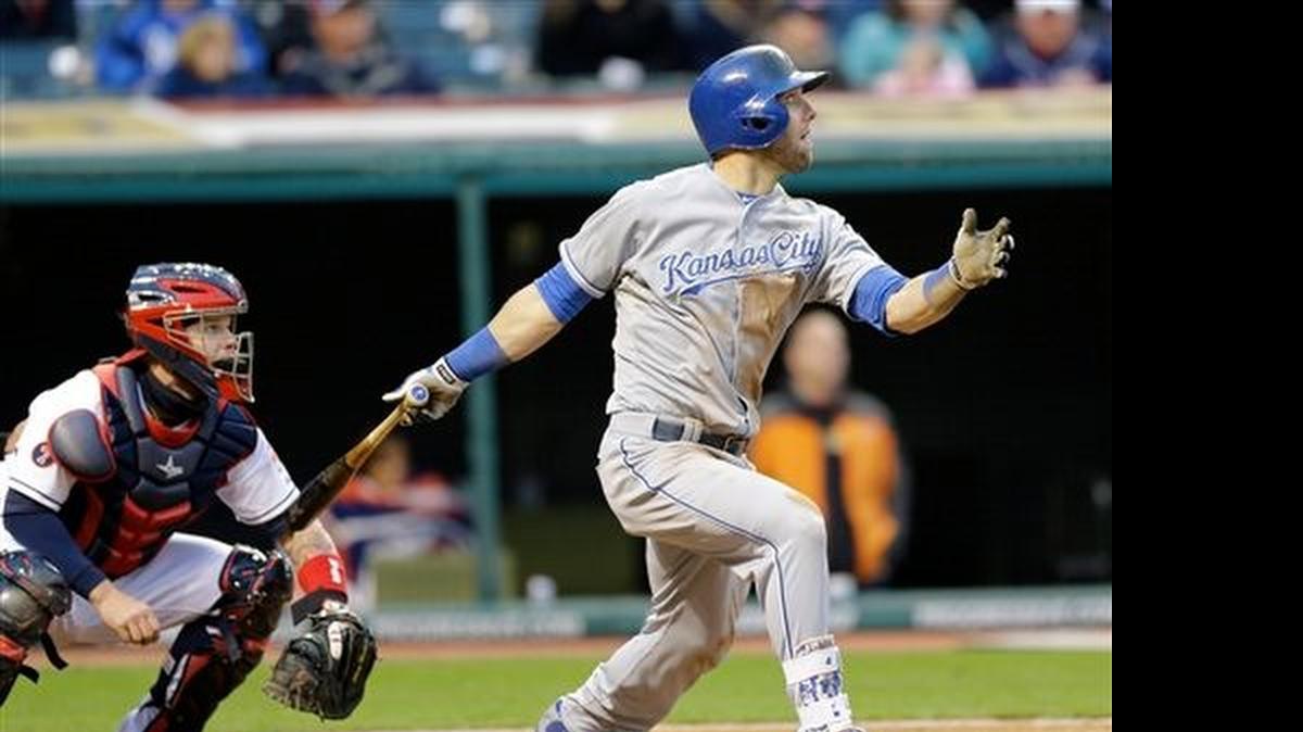 
The Royals Alex Gordon hit a double off Indians starting pitcher Corey Kluber in the sixth inning of Monday’s baseball game in Cleveland. Eric Hosmer scored on the play. Indians catcher Roberto Perez watched.
