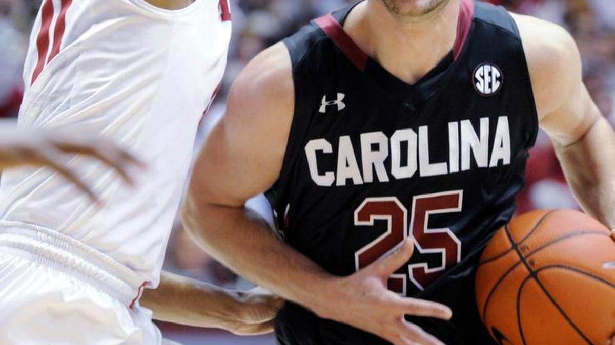 Mindaugas Kacinas (25) of South Carolina is averaging 10.9 points this season. He played high school basketball at Life Prep in Wichita.