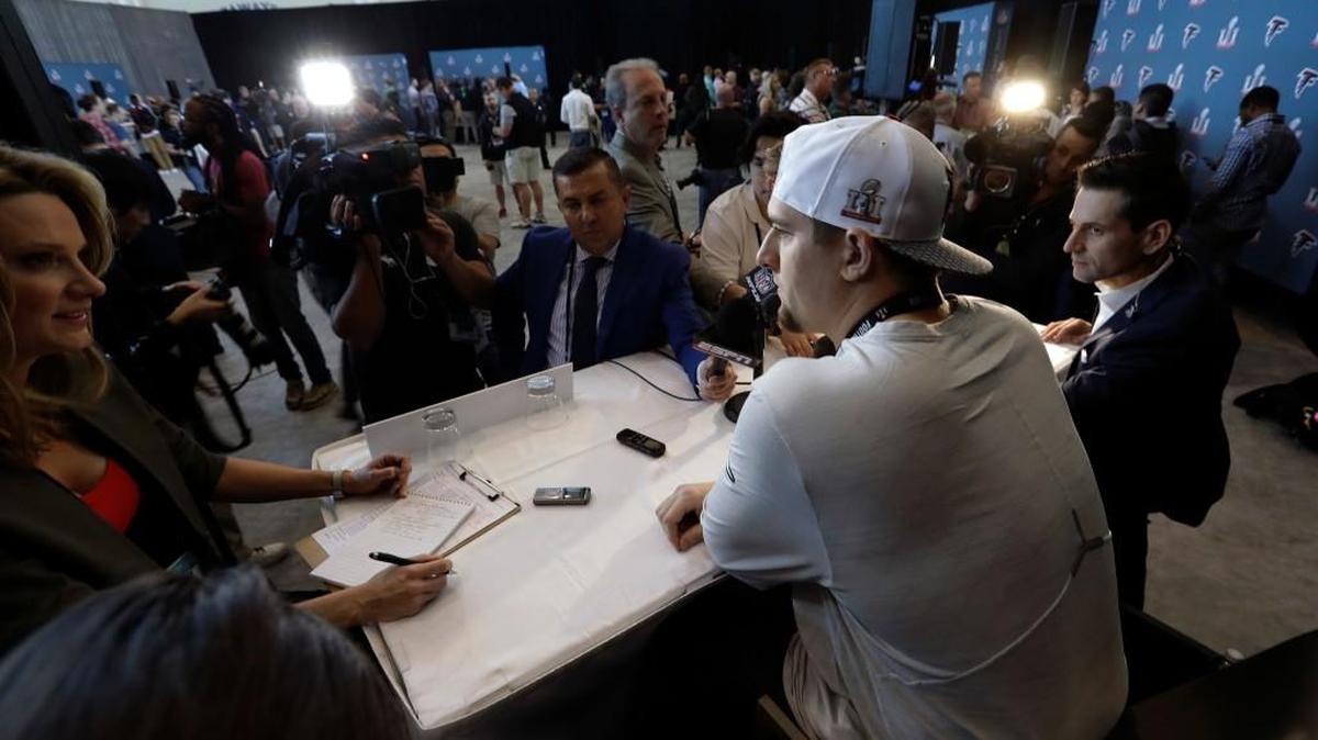 Falcons tackle Ryan Schraeder talks to the media Tuesday in Houston.