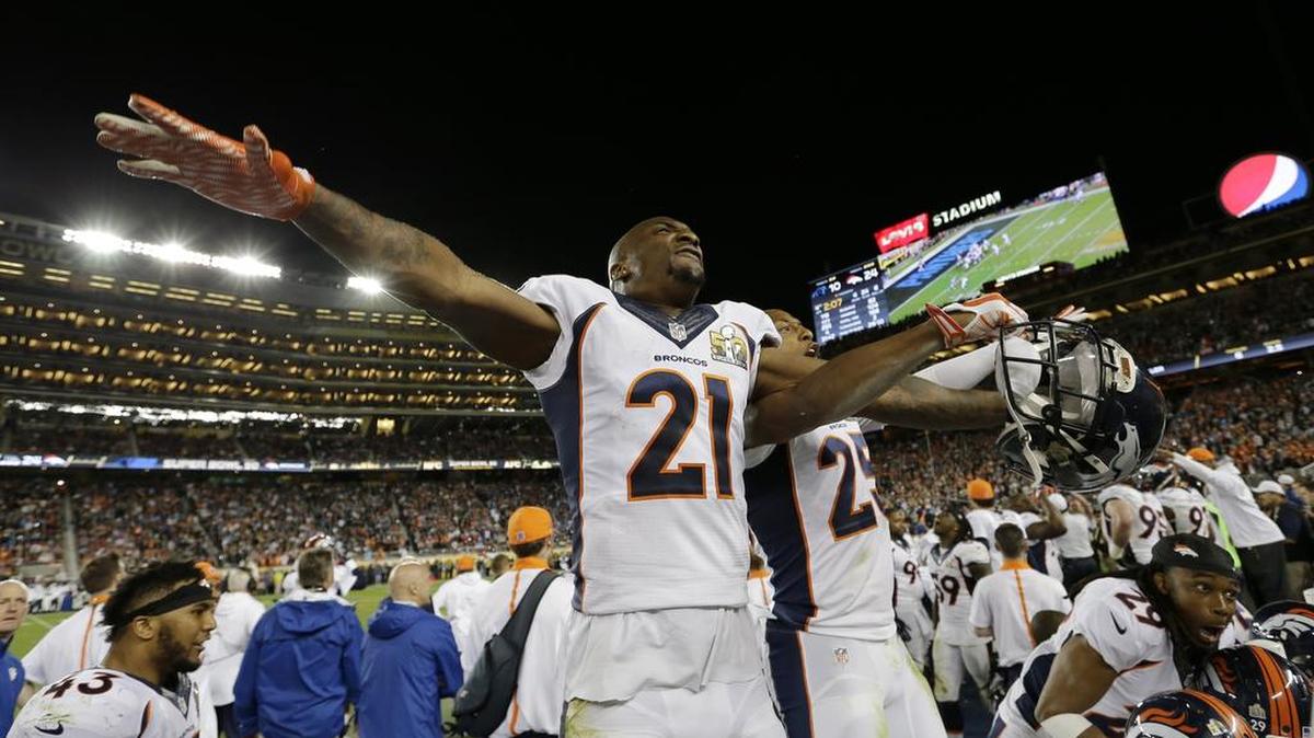 Former Kansas cornerback Aqib Talib celebrated after the Denver Broncos beat the Carolina Panthers 24-10 on Sunday in Super Boewl 50. Talib and another former Jayhawk, Chris Harris Jr., contributed to the Broncos’ third NFL title as part of a defense that harassed league MVP Cam Newton all game.