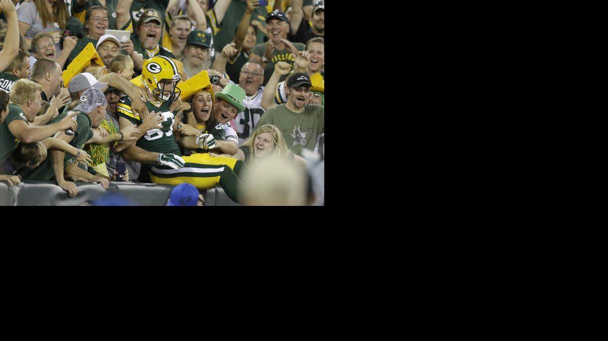 
Jordy Nelson, leaping into the Lambeau Field stands after a preseason touchdown Aug. 22, begins his seventh year as a Packers receiver.
