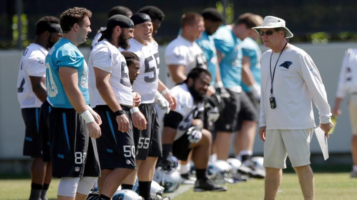 Special-teams coach Bruce DeHaven, right, talks with players during Carolina Panthers minicamp in 2015.