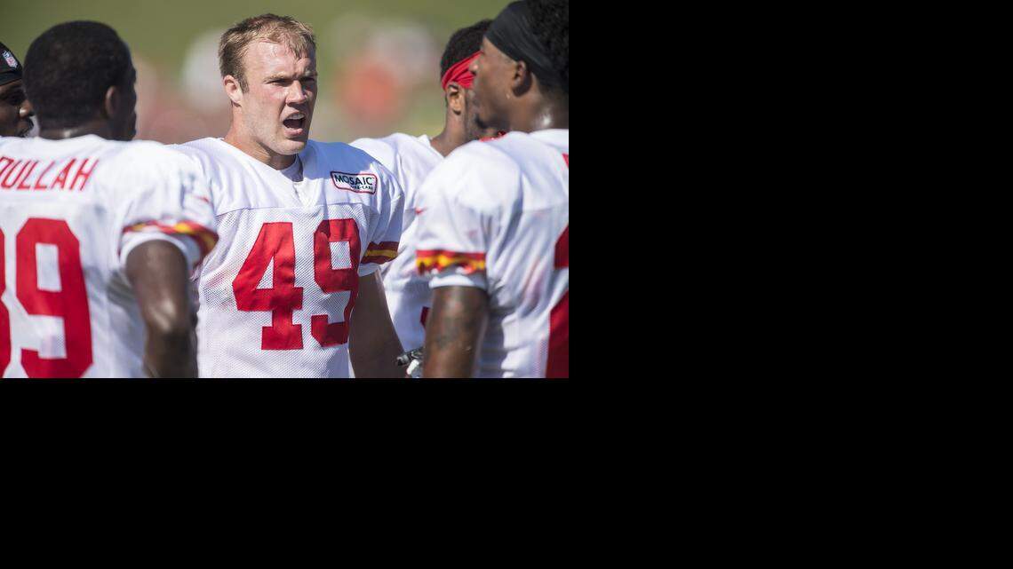
Kansas City Chiefs safety Daniel Sorensen (49) speaks with teammates during practice at Missouri Western State University in St. Joseph, Mo.
