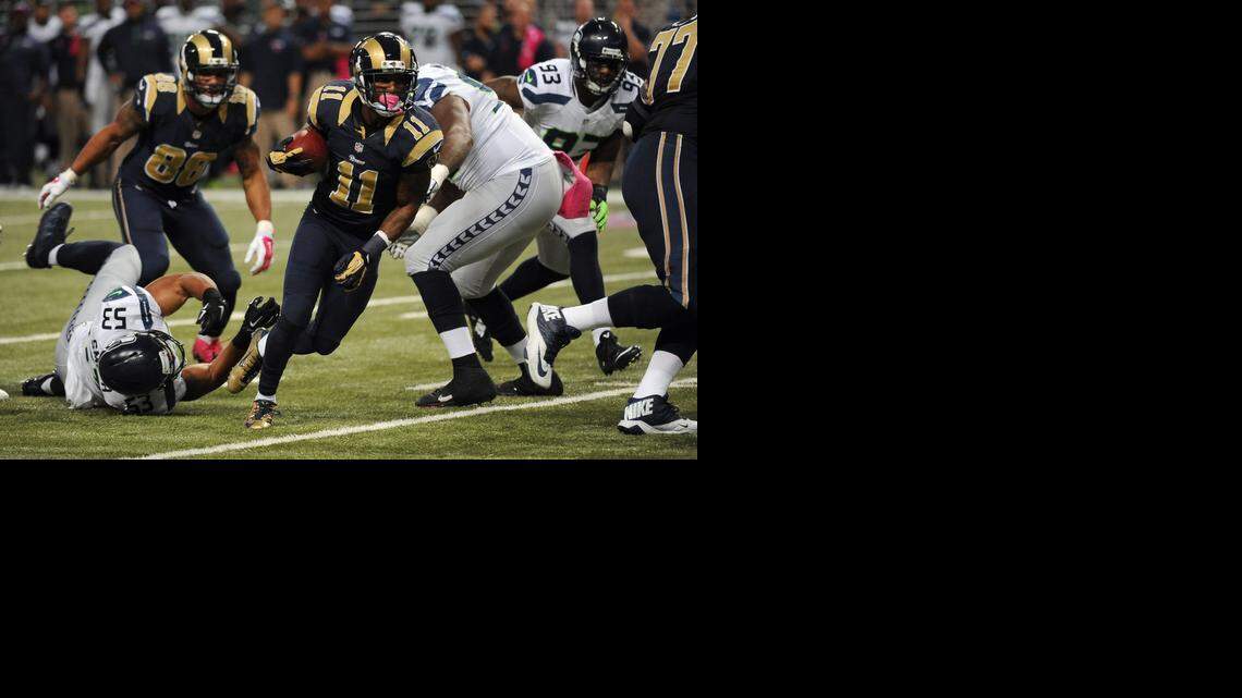 
Rams wide receiver Tavon Austin, shown running after a first-quarter catch against Seattle last week, executed a play Chiefs special-teams coach Dave Toub created in Chicago and calls “The Johnny Knox Play.” The play went for a special-team touchdown as the Rams upset the Seahawks.
