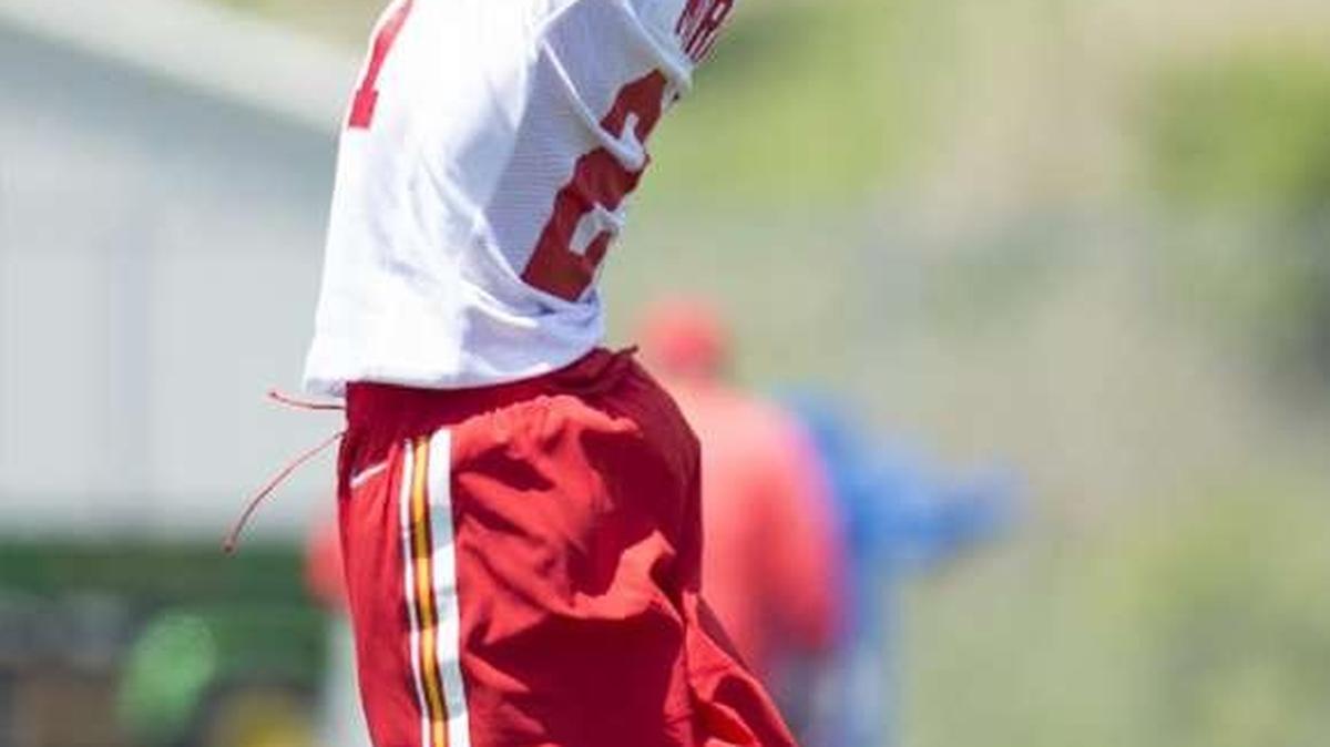 Kansas City Chiefs Eric Murray corner back went airborne for the ball during the Rookie Minicamp practice at the Chiefs practice facility Saturday, May 7, 2016.
