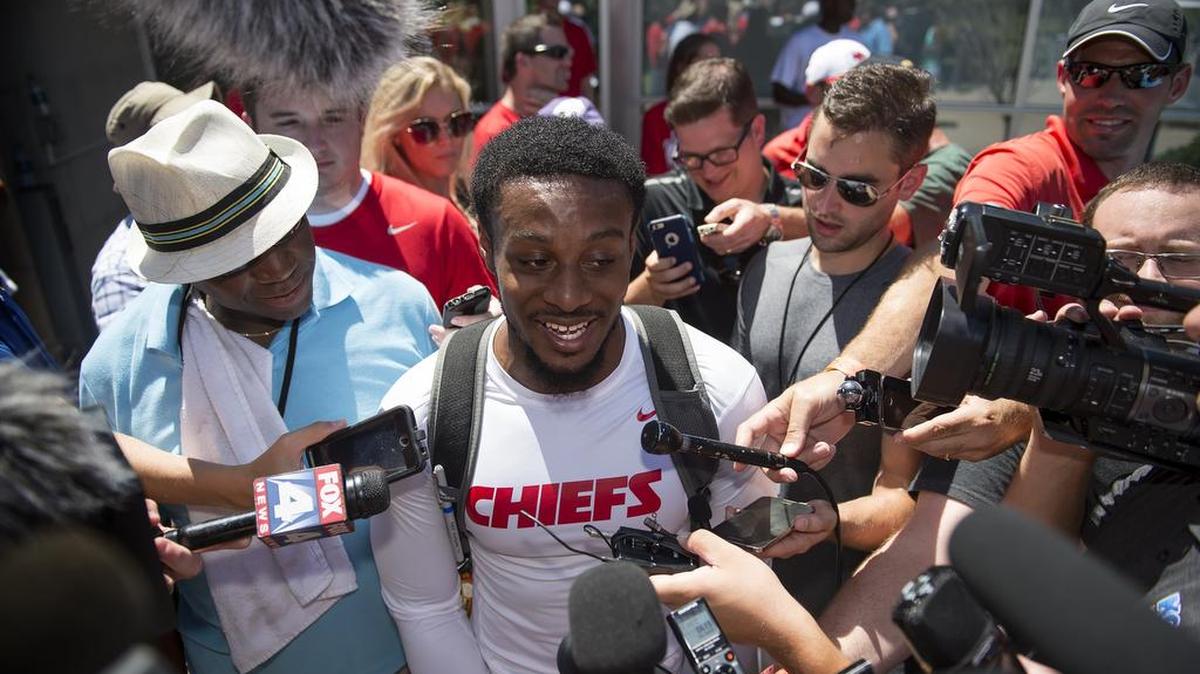 
Kansas City Chiefs rookie running back LaVance Taylor was surrounded by media on Friday at Missouri Western State University in St. Joseph, Mo.
