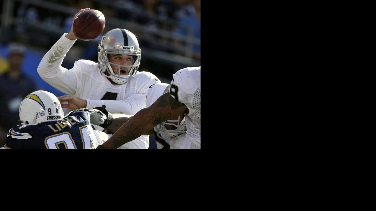 
Oakland quarterback Derek Carr, who threw for 172 yards in a loss at San Diego on Sunday, was the first Raiders rookie to start a season opener in the 55-year history of the franchise.
