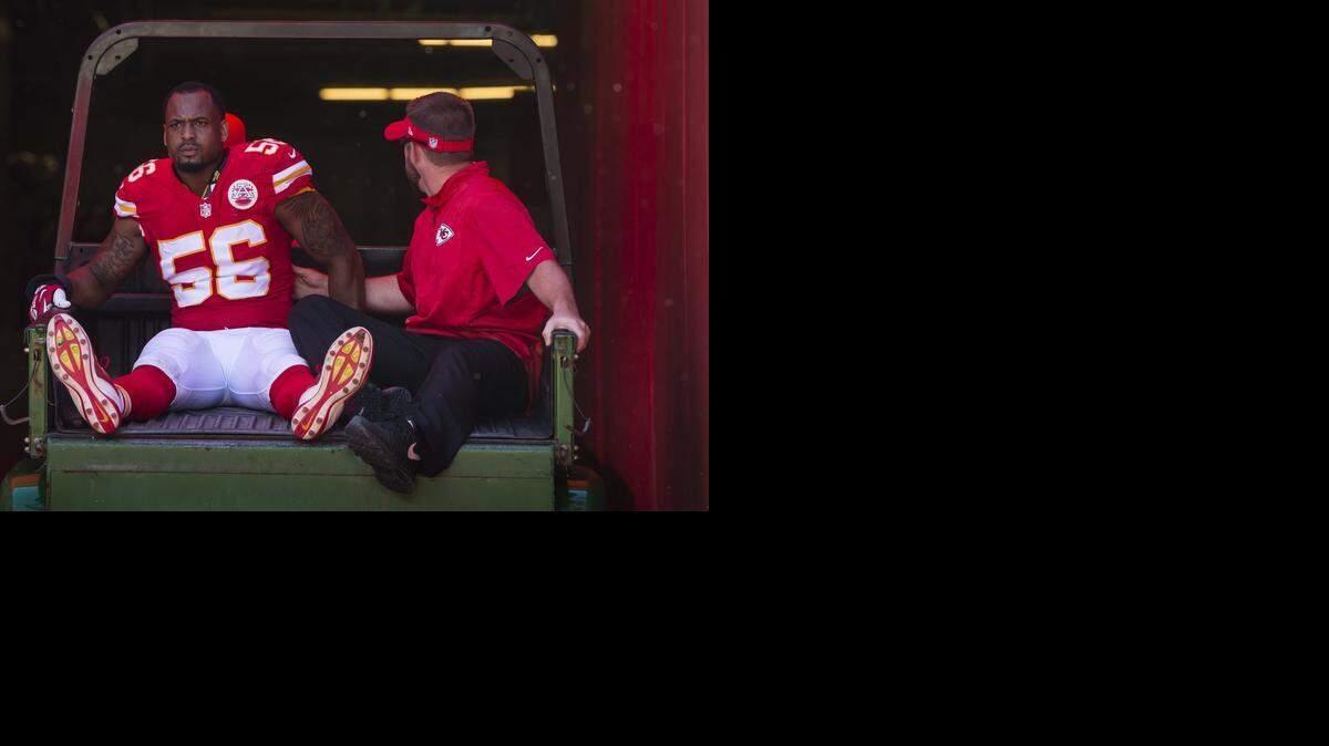 
Kansas City Chiefs linebacker Derrick Johnson was carted off the field at Arrowead Stadium. on September 7. Surgery to repair a ruptured Achilles’ tendon ended his season. 
