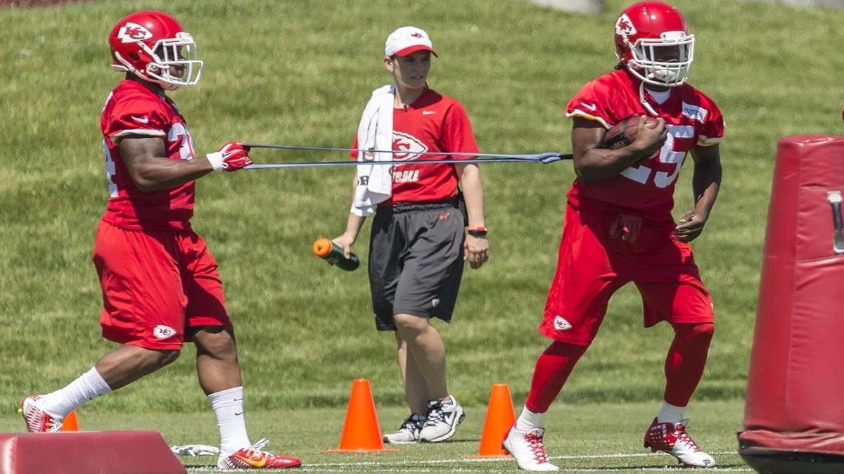 
Kansas City running back Jamaal Charles (25) works on fumble drills at the beginning of OTAs at the Arrowhead Stadium practice facility. 
