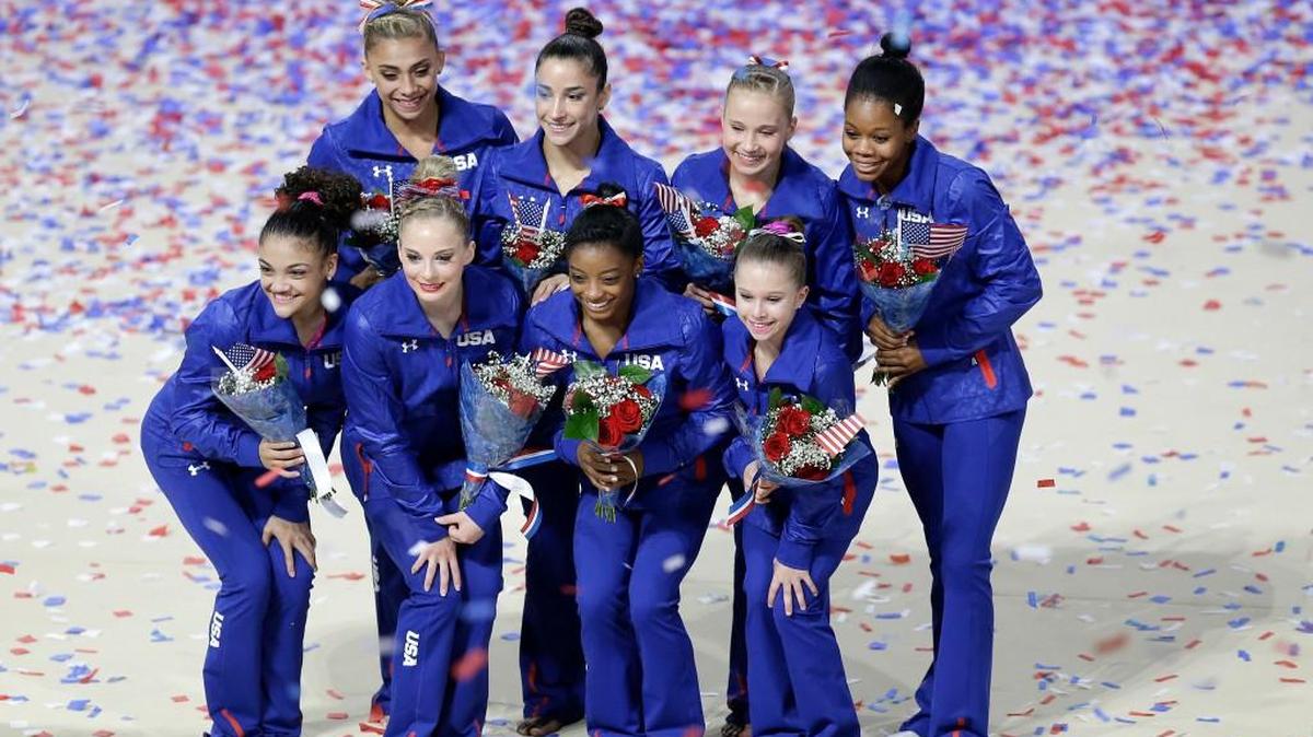 The U.S. Olympic women’s gymnastics team members are, clockwise from top left, Ashton Locklear, Aly Raisman, Madison Kocian, Gabrielle Douglas, Ragan Smith, Simone Biles, MyKayla Skinner and Lauren Hernandez.