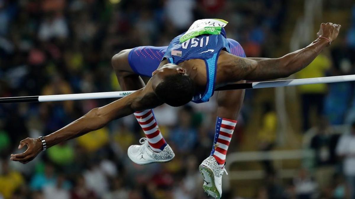 Former Kansas State high jumper Erik Kynard clears the bar in qualifying Sunday night in Rio de Janeiro. Kynard cleared 7 feet, 6 inches to become one of 15 finalists for Tuesday’s competition.