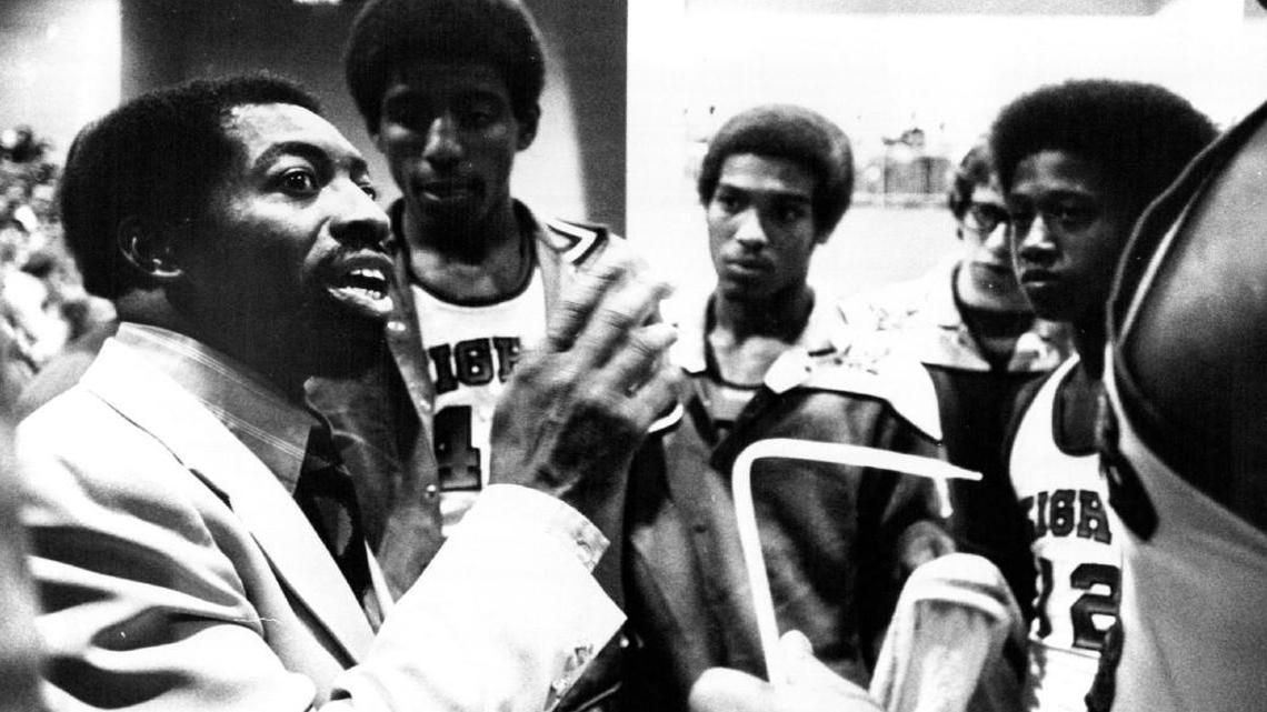 Lafayette Norwood, of Wichita, talks to his state-championship 1976-77 Heights basketball team. Norwood coached the Falcons to one state title, then became a Kansas assistant. He was Wichita’s first African-American head basketball coach at the high school level.