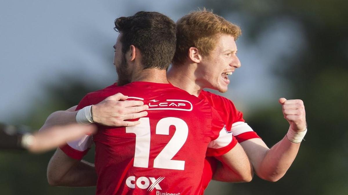 FC Wichita’s Luca Anelli, right, is congratulated by Cory Cantor (12) after Anelli scored the first goal against Joplin on Friday night at the Stryker Soccer Complex.