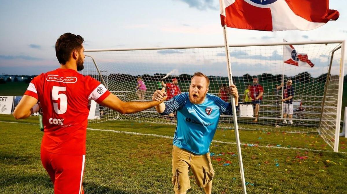 Chris Baldwin, right, congratulates Leo Sosa following the FC Wichita’s 3-0 victory over Shreveport.