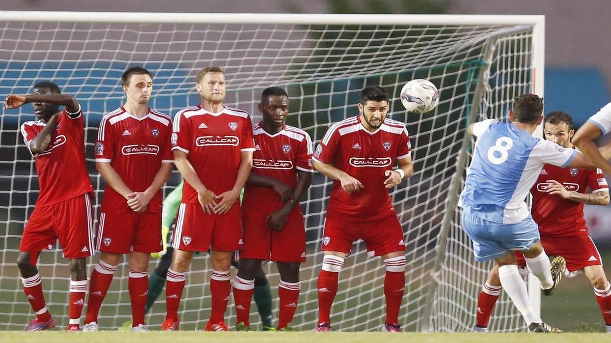 
The FC Wichita soccer team make a wall on a direct kick by the Corinthians in the second half Friday at Stryker Field. 
