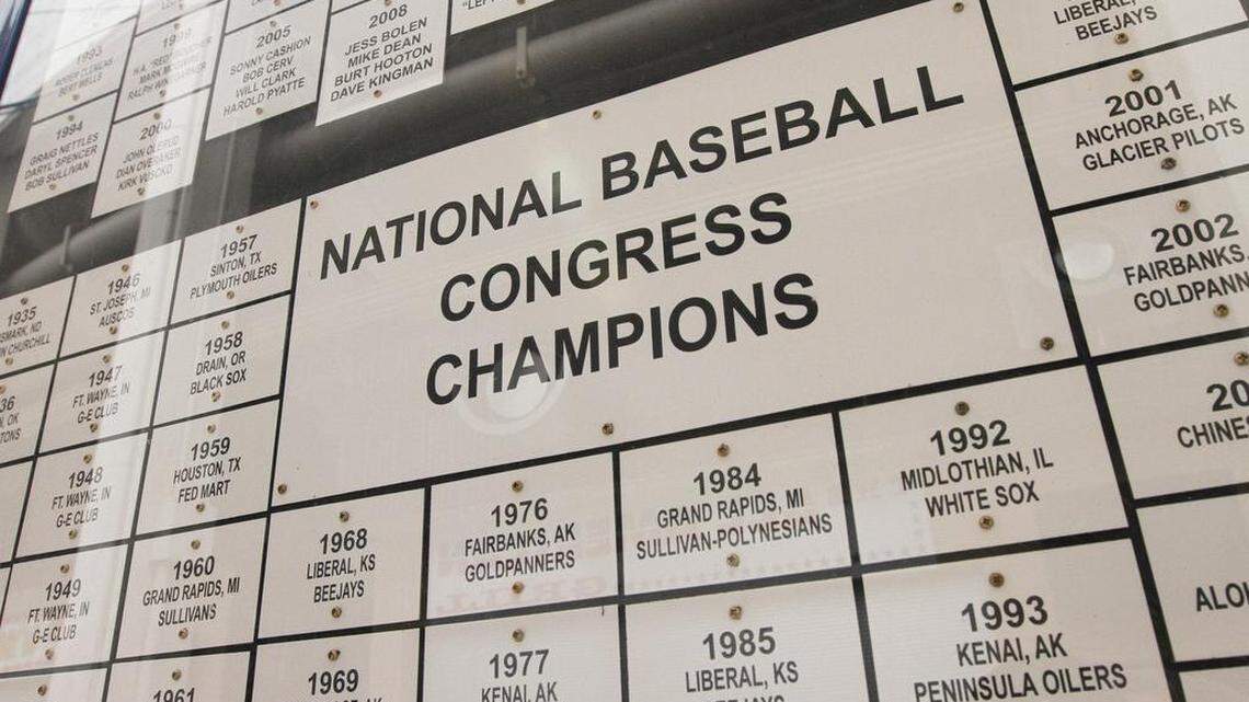 
A wall in the concourse of Lawrence-Dumont Stadium displays past champions of the annual NBC baseball tournament. (May 16, 2013)

