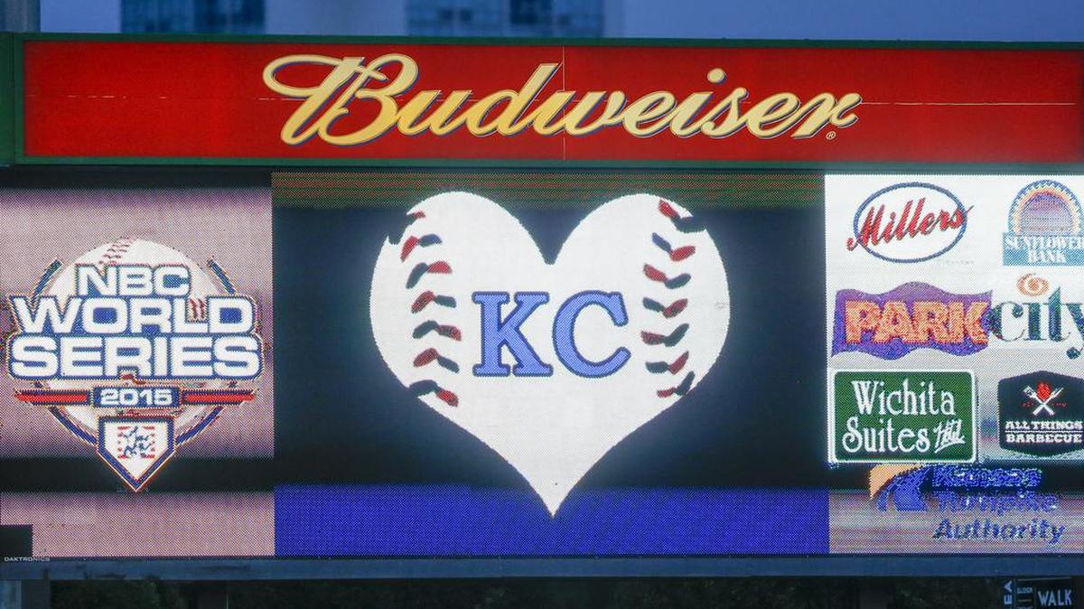 
The scoreboard honors Kaiser Carlile, 9, who was killed when he was struck by a bat after an accidental follow through swing Saturday, during the Liberal-Seattle game at the NBC Tournament at Lawrence-Dumont Stadium Tuesday. (Aug 4, 2015) 
