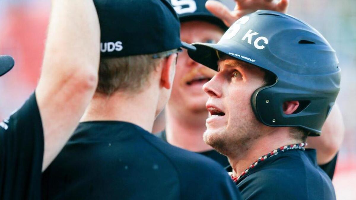 
Seattle's Kyle Boe gets congratulated as he extends the Studs lead to 3-0 against Liberal in Friday’s semifinals.
