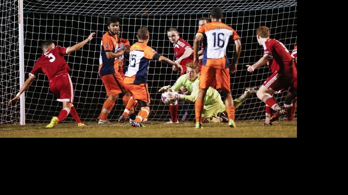 
FC Wichita and Joplin players scramble for the ball after a corner kick in the final minute of their game Friday night at Stryker Complex. 

