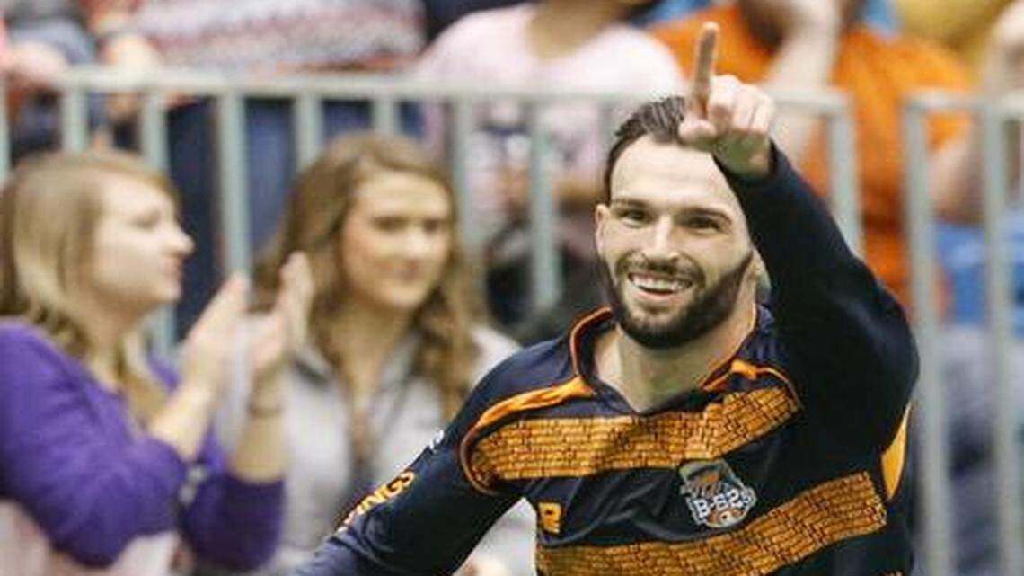 
The B-52s’ Matt Clare celebrates after scoring the third of his six goals against St. Louis on Saturday at Hartman Arena. 
