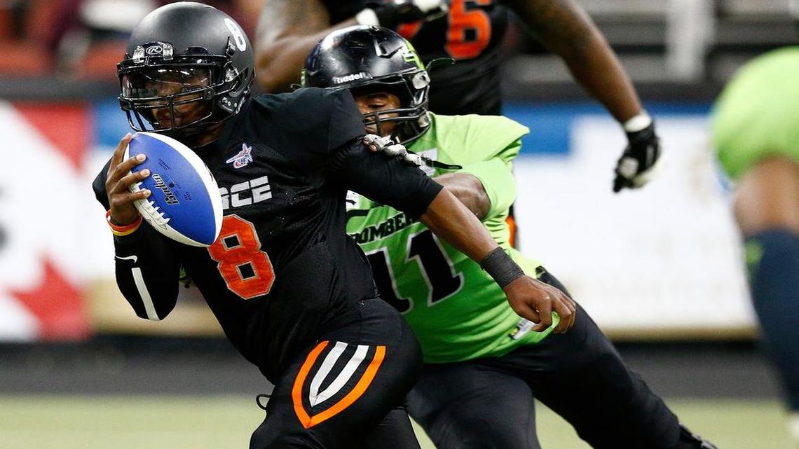 
The Force’s Emmanuel Taylor, left, eludes the Bombers' Thomas Frevert in the second quarter last month at Intrust Bank Arena.

