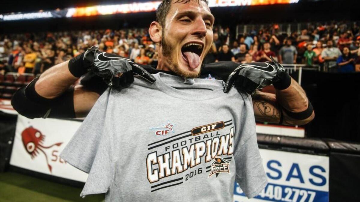 Wichita Force wide receiver Brett Soft celebrates after the Champions Indoor Football Champions Bowl II game against Amarillo Venom last June.