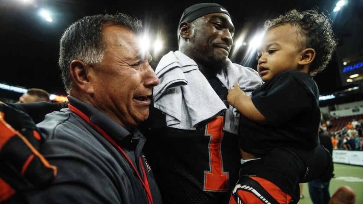 Wichita Force linebacker Jason Catchings, center, celebrates the Champions Indoor Football title-game victory over Amarillo on Monday night at Intrust Bank Arena.