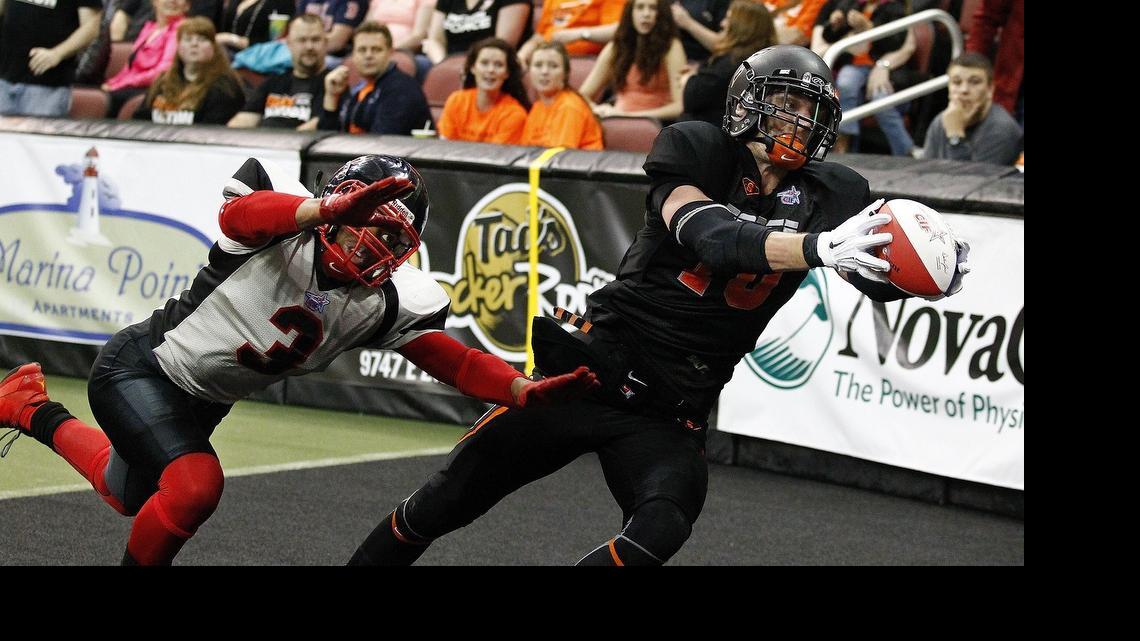 
The Force's Brett Soft catches a pass in the end zone for a touchdown in the third quarter Saturday night as Sioux City's Rahn Franklin defends.
