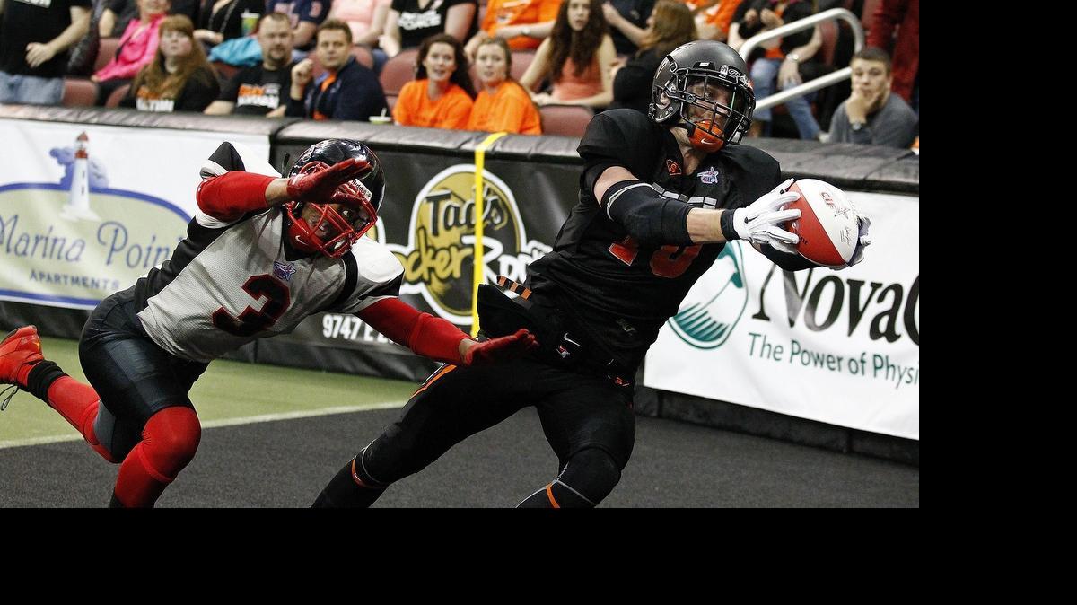 
The Force's Brett Soft catches a pass in the end zone for a touchdown in the third quarter Saturday night as Sioux City's Rahn Franklin defends.
