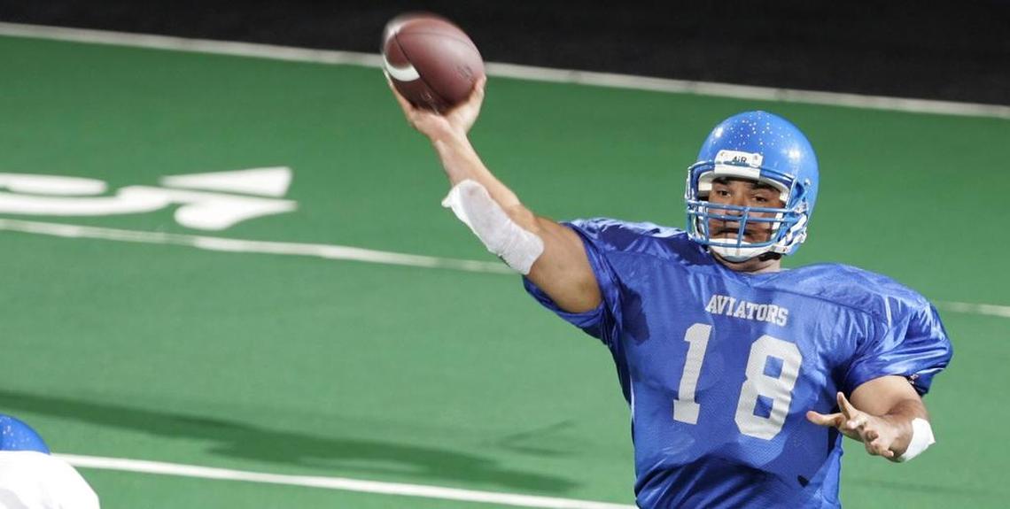 Jonathan Beasley throws a pass in a game for the Wichita Aviators at the Kansas Coliseum on April 23, 2005. 