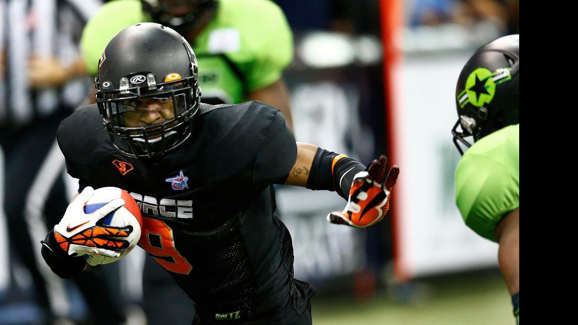 
The Force's Clarence Anderson runs upfield after catching a pass for a first down against Salina last Saturday night at Intrust Bank Arena.
