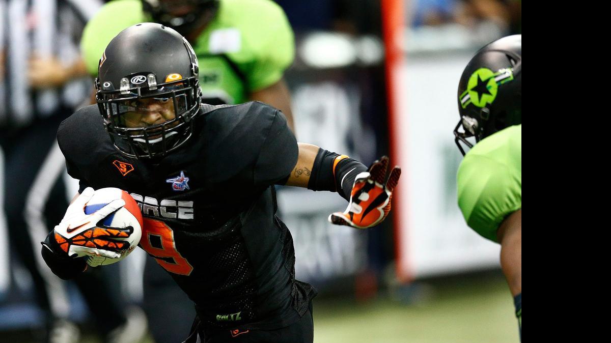 
The Force's Clarence Anderson runs upfield after catching a pass for a first down against Salina last Saturday night at Intrust Bank Arena.
