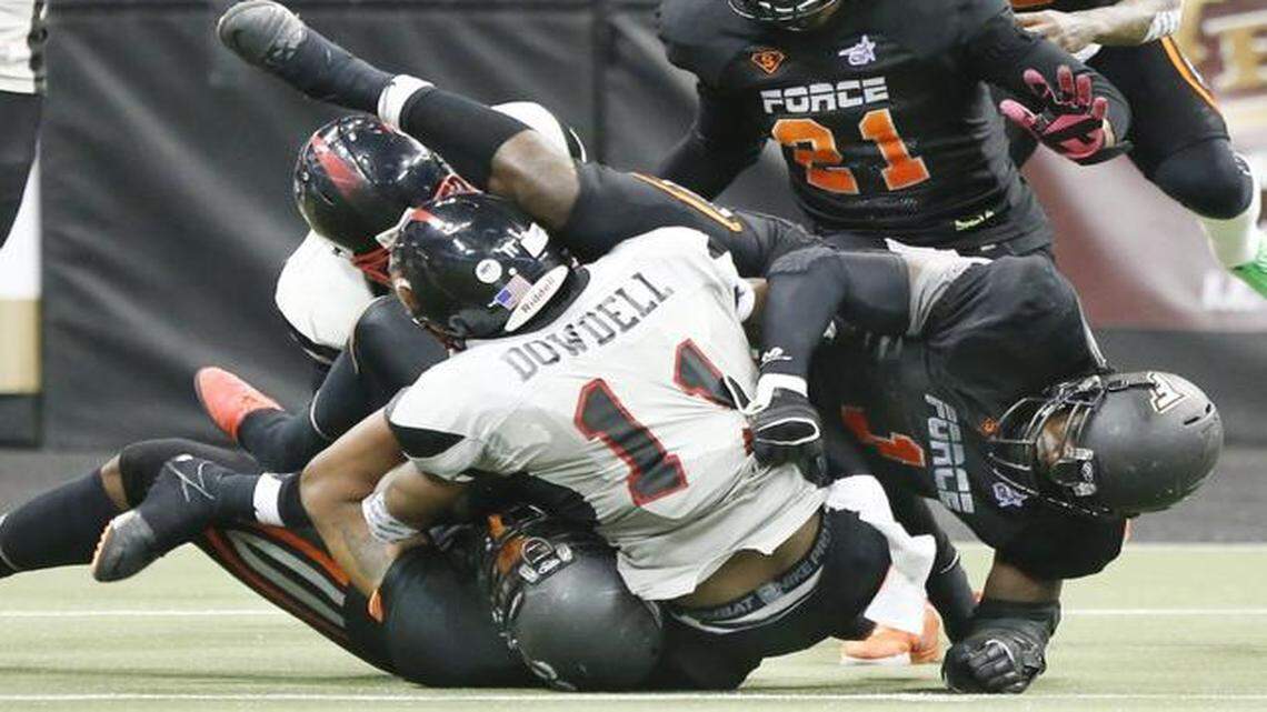 
The Force's Brandon Jenkins, left, and Jason Catchings, right, sack Sioux City's Charles Dowdell with 30 second to go to help seal the 42-35 win Saturday night at Intrust Bank Arena.
