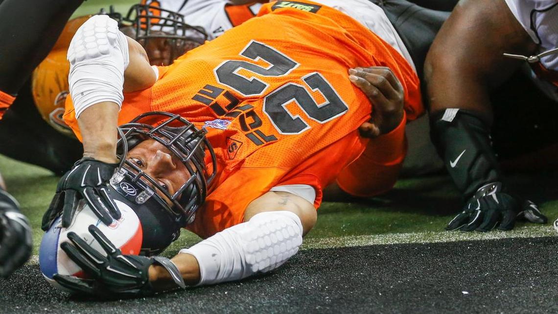 
Tywon Hubbard dives into then end zone for a touchdown against Omaha in April at Intrust Bank Arena.
