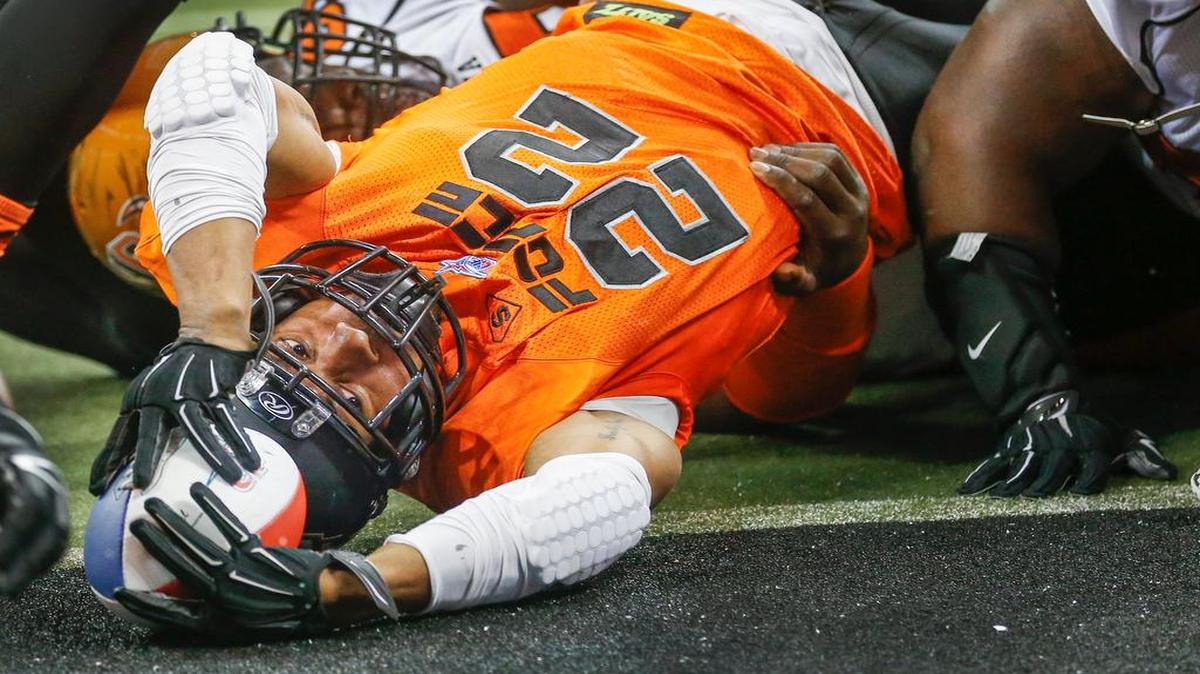 
Tywon Hubbard dives into then end zone for a touchdown against Omaha in April at Intrust Bank Arena.
