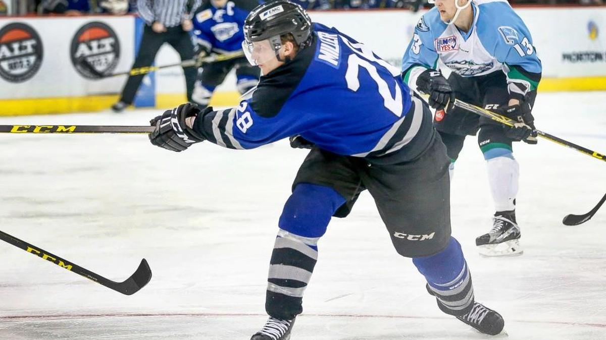 The Thunder's Kenton Miller scores a goal against Alaska on March 16.