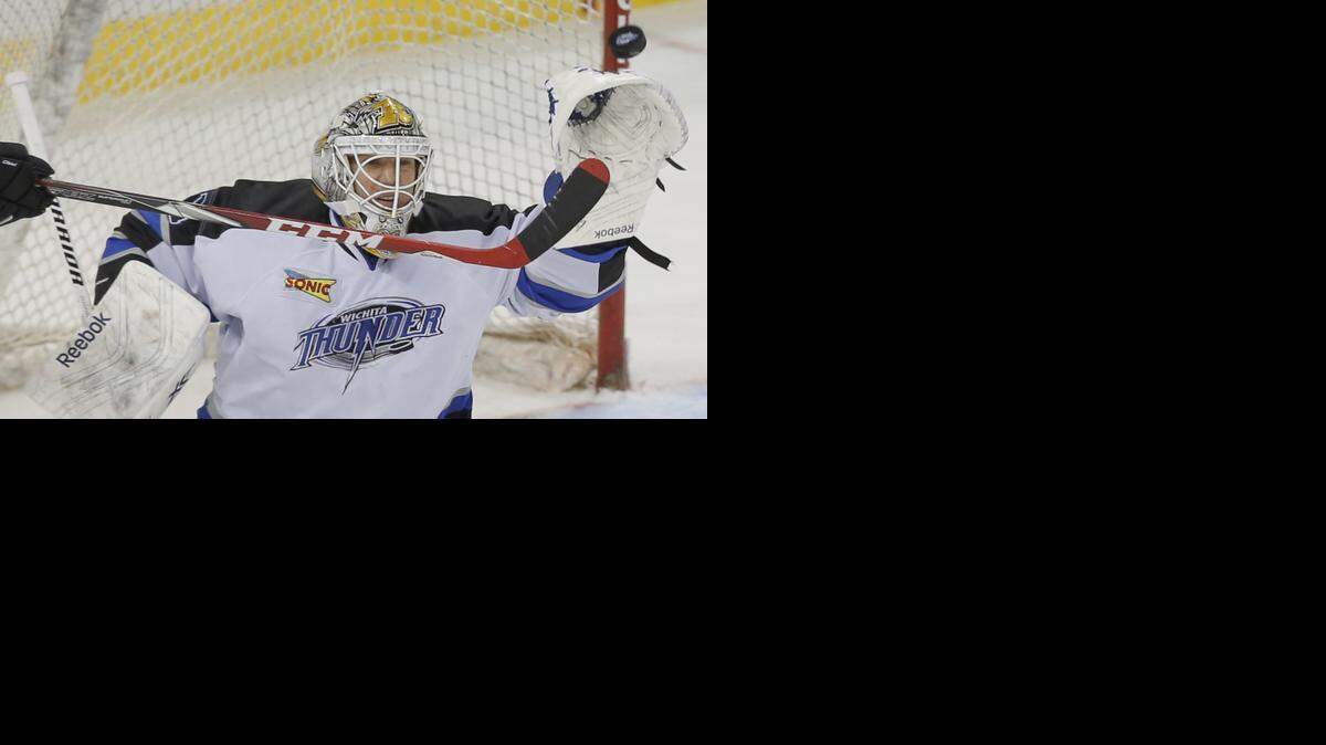 
Wichita goalkeeper Tim Boron blocks a shot from Rapid City during a November game.
