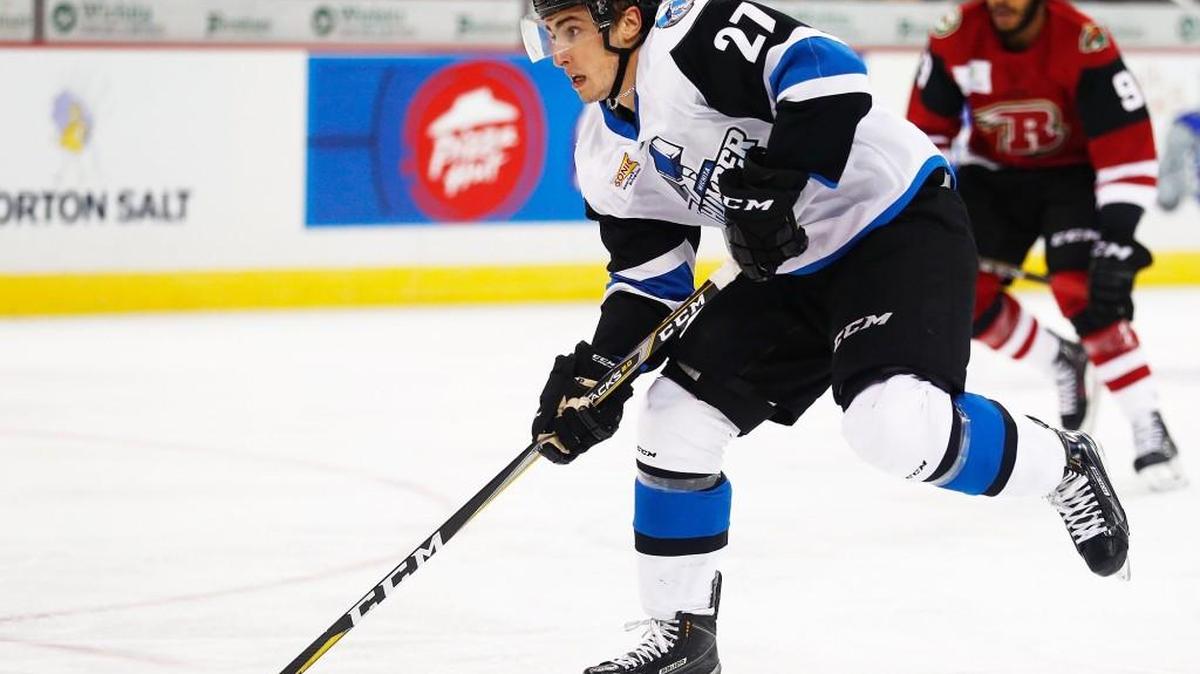 The Thunder's Kyle Platzer shoots and scores against Rapid City last month at Intrust Bank Arena.