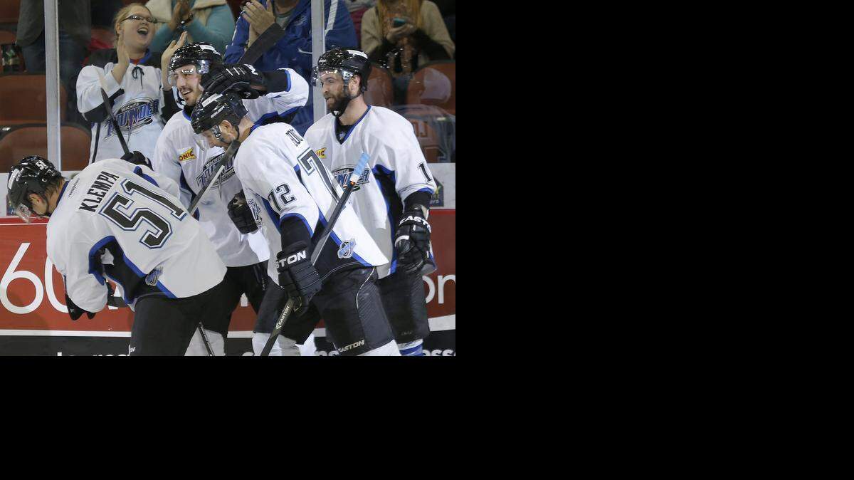 
The Thunder celebrate Ian Lowe’s goal in the third period at Intrust Bank Arena last November.
