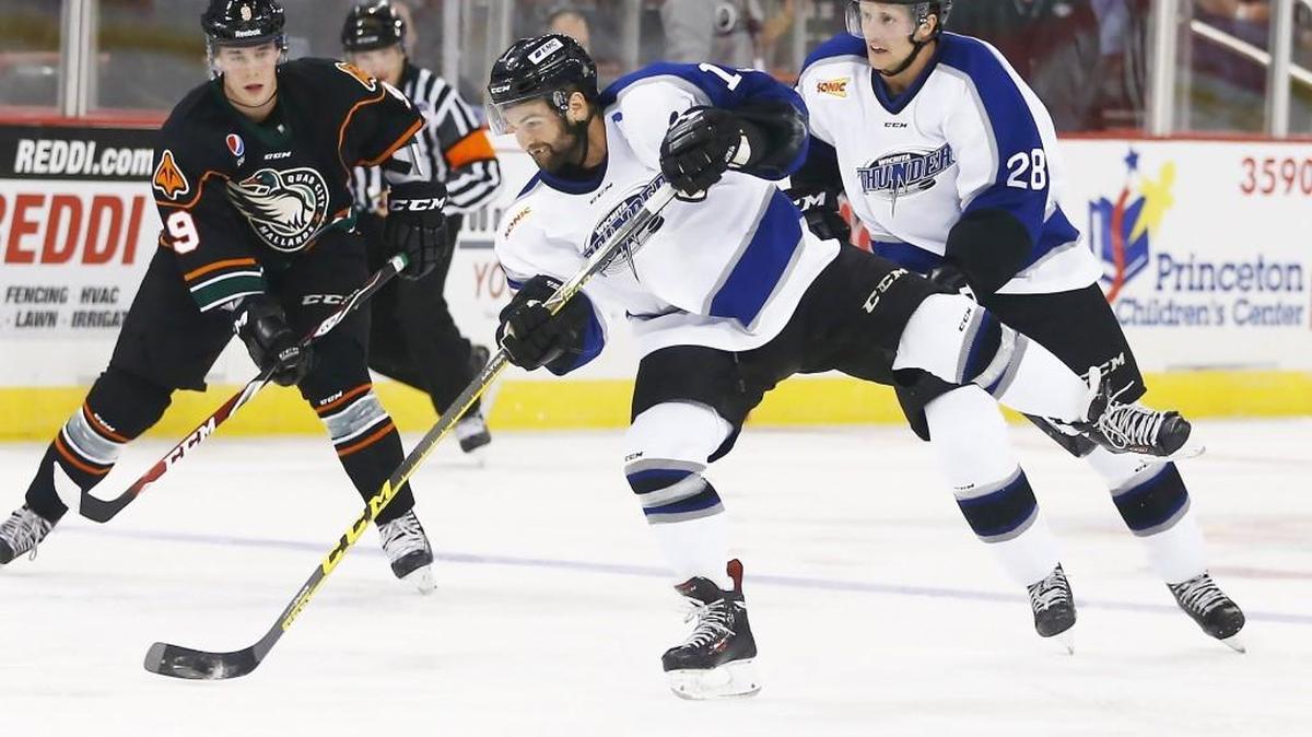 
The Thunder’s Ian Lowe takes a shot against the Mallards in the first period Saturday night at Intrust Bank Arena.
