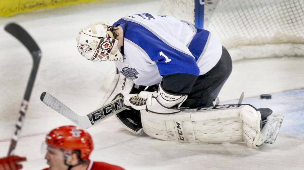 Thunder goalie David Shantz reacts after Allen’s Gary Steffes scored with 1:03 left in the third period as the Thunder lost 4-3 on Wednesday at Intrust Bank Arena.