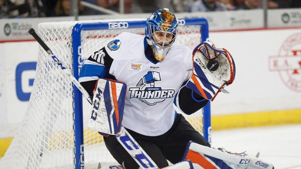 The Thunder's Shane Starrett catches a puck shot by Utah earlier this season at Intrust Bank Arena.