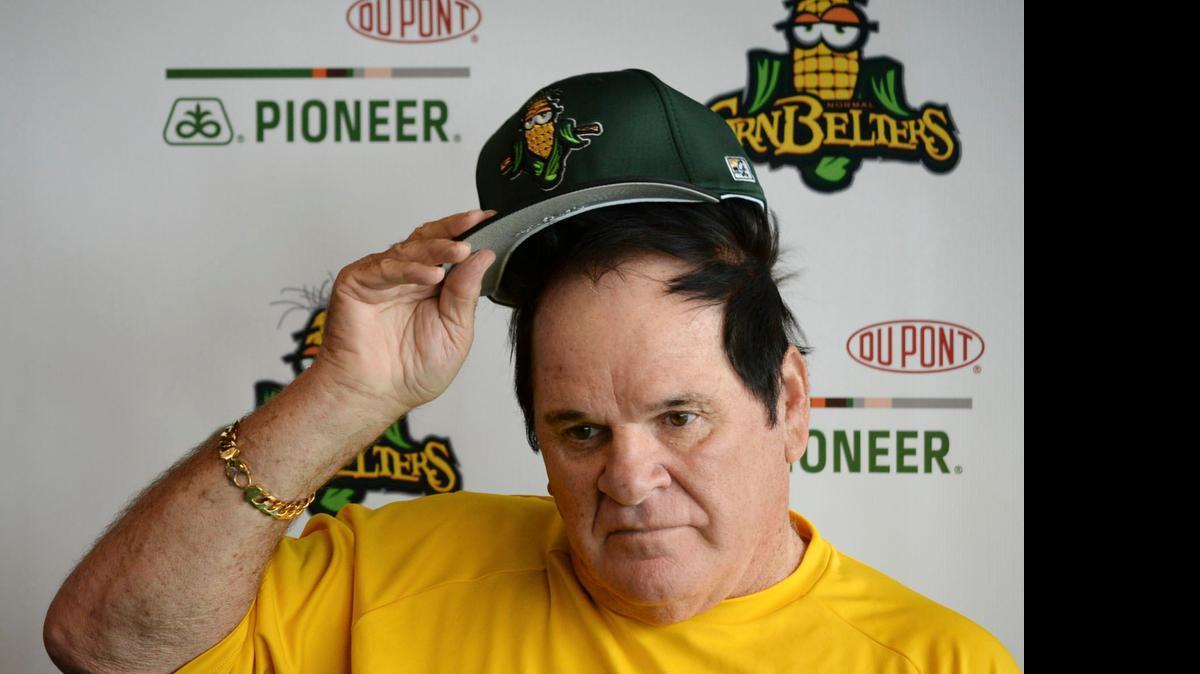 
Pete Rose ponders a question during a news conference at the Normal (Ill.) CornBelters ballpark on July 9.
