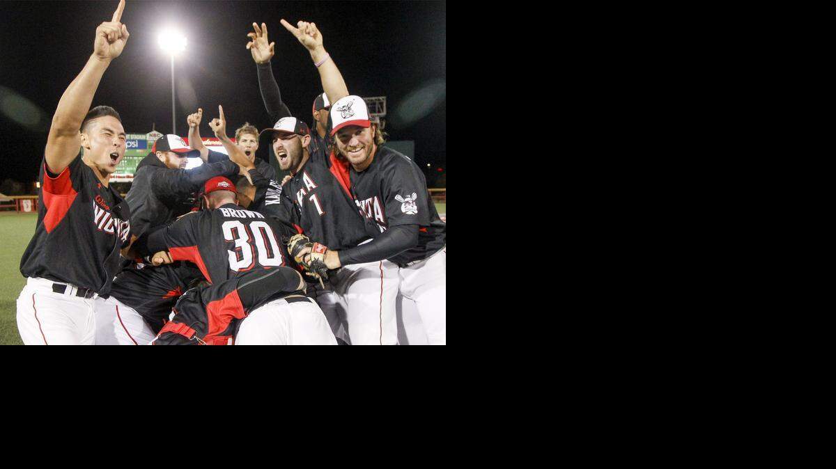 
The Wingnuts celebrate winning the American Association championship against Lincoln on Saturday at Lawrence-Dumont Stadium.
