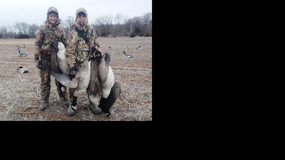 
Jacob Holem, left, and Kai Wernli with seven geese shot the last few hours of the 2014-15 goose season. 
