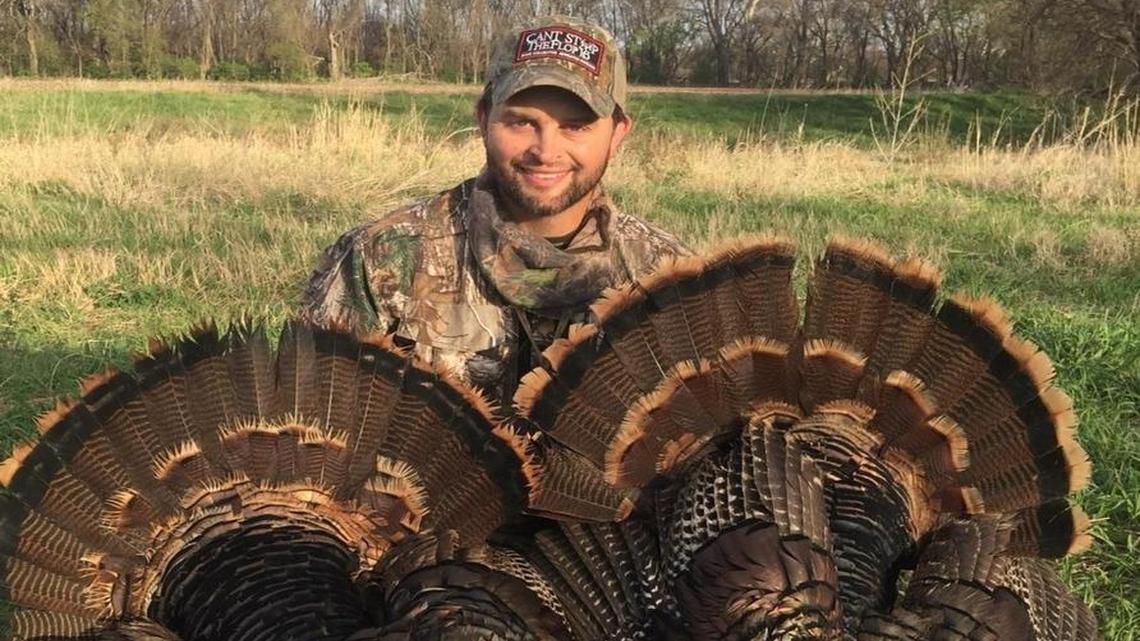 Michael Waddell, of the Bone Collector television show and hunting products, with the two turkeys he shot early last Friday morning. He said he enjoyed the hunting, beauty of the Flint Hills and hospitality of Kansans while attending last week's Kansas Governor's Turkey Hunt in El Dorado.